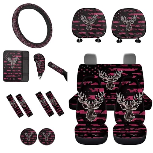 16 Pcs American Flag Printed Car Accessories Set for Women Men, Camo Deer Print Car Seat Cover Set with Steering Wheel Cover Seat Belt Cover Armrst Cover Car Seat Headrests Cover Cup Coaster - color: Pink and Black - American Flag Camo Deer