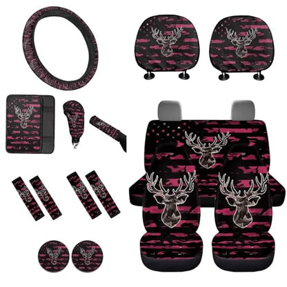 16 Pcs American Flag Printed Car Accessories Set for Women Men, Camo Deer Print Car Seat Cover Set with Steering Wheel Cover Seat Belt Cover Armrst Cover Car Seat Headrests Cover Cup Coaster - color: Pink and Black - American Flag Camo Deer
