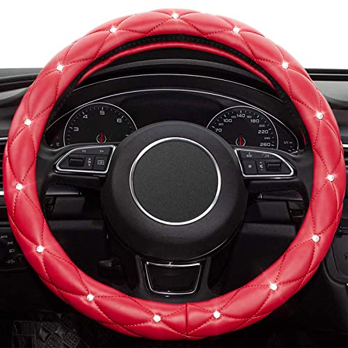 Red Steering Wheel Cover, Leather Car Steering Wheel Cover, Crystal Rhinestones Anti-Slip Soft Accessories for Women and Girl Universal Fit 14.5-15 Inch - color: . .Red..