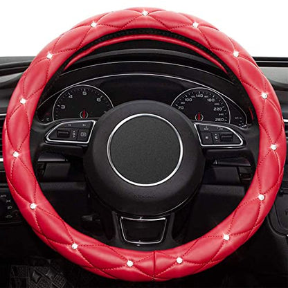 Red Steering Wheel Cover, Leather Car Steering Wheel Cover, Crystal Rhinestones Anti-Slip Soft Accessories for Women and Girl Universal Fit 14.5-15 Inch - color: . .Red..