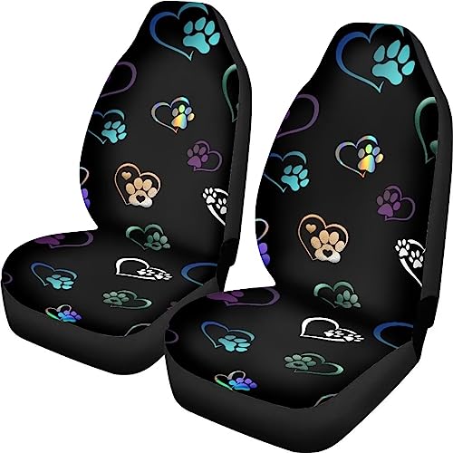 Colorful Heart Dog Paw Print Car Seat Covers Full Set of 2, Cloth Seat for Auto Front Seats, Black Bucket Seat Covers for Cars Washable and Breathable Car Accessories for Sedan Truck SUV - color: Colorful Dog Paw Heart