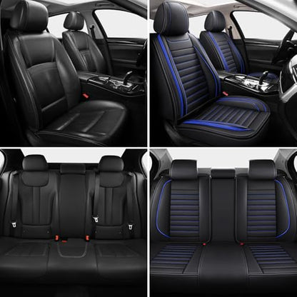 MINGBRON Leather Car Seat Covers Full Set, Universal Faux Leather Car Seat Covers 5 Seats, Automotive Seat Covers for Most Sedans SUVs Trucks, Front and Rear Seat Covers,Wine Red - color: Blue, size: 5 Seat Covers (Front & Rear)