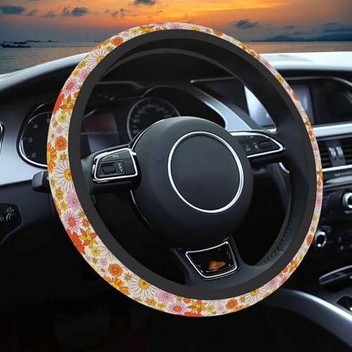 Colorful Daisy Steering Wheel Cover, Orange Floral Print Steering Wheel Cover Protector for Women, Ultra-Thin with Personalized Pattern Design, for Steering Wheel with a Diameter of 14.5"-15" - color: Colorful Daisy