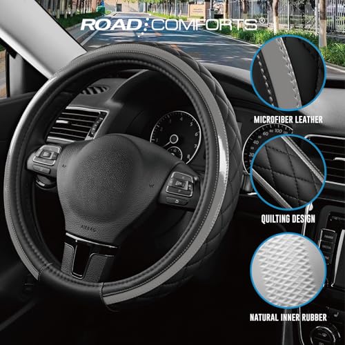 Road Comforts Leather Steering Wheel Cover – Black & Gray, Universal Fit 14.5-15 Inch, Microfiber Leather, Anti-Slip & Breathable Design for Men and Women