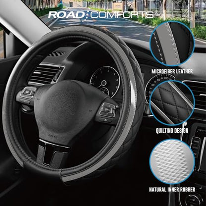 Road Comforts Leather Steering Wheel Cover – Black & Gray, Universal Fit 14.5-15 Inch, Microfiber Leather, Anti-Slip & Breathable Design for Men and Women
