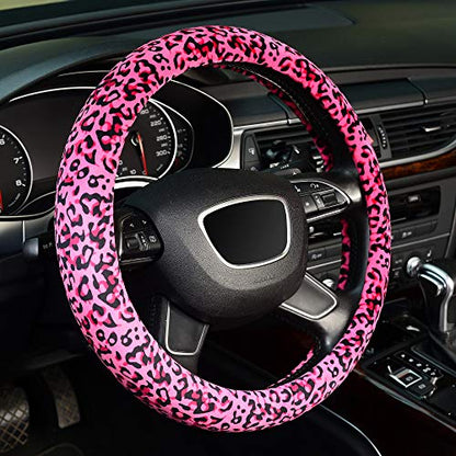 KAFEEK Leopard Plush Steering Wheel Cover for Woman Girl, Universal 15 inch, Pink - color: leopard pink, size: Standard Size[14 1/2''-15'']