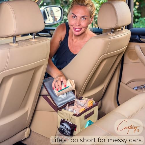 Car Trash Can [Touring Edition] - Removable Liner - 100% Leakproof, Odor Control Lid, Hanging Garbage Bin for SUV, Truck, Car (2 Gal, Beige)