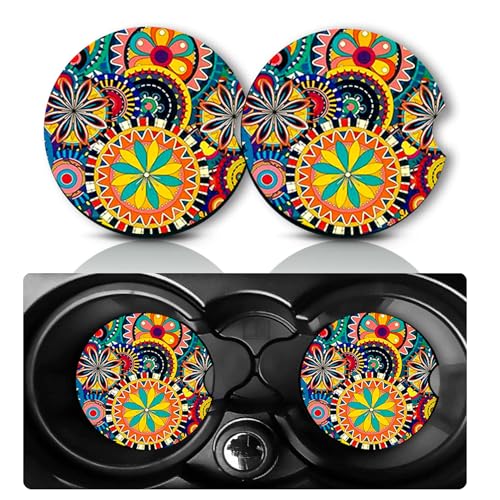 Car Coasters for Cup Holders,2 PCS Universal Non-Slip Boho Mandala Car Coasters,2.75" Rubber Mat,Mandala Cars Accessories Cup Drink Holder Coaster Decor Datura Gifts for Women,Men,Mom,Dad - color: Boho - Round