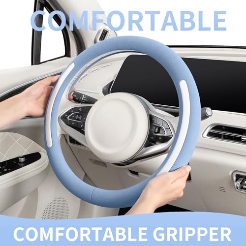 Steering Wheel Cover, Universal 15 inch, Faux Leather Steering Wheel Protector Anti-Slip, Breathable & Heating-Compatible for Cars Trucks SUVs Vans - color: Blue
