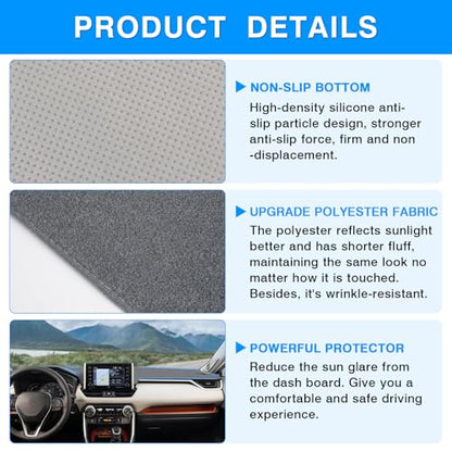 Autorder Gray Dashboard Cover Mat for Toyota RAV4 2019-2025 Accessories Dash Cover Upgrade Polyester Dash Mat Sunshade Glare UV Rays Protector - size: Gray 2019-2025 Toyota RAV4