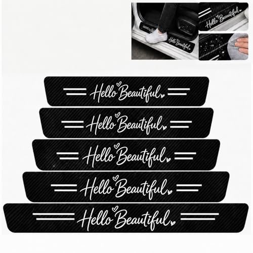 5PCS Hello Beautiful Car Door Sill Protector, Carbon Fiber Leather Door Sill Sticker, Anti-Scratch Scuff Plate Sticker for All Car Models, Inspirational Car Accessories Decor,Gifts for Men Women - color: Hello Beautiful