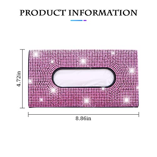 Bling Car Sun Visor Tissue Box Holder, Rhinestone PU Leather Crystal Sparkling Napkin Holder, Backseat Paper Towel Cover Case Car Accessories for Women (Pink)