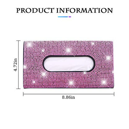 Bling Car Sun Visor Tissue Box Holder, Rhinestone PU Leather Crystal Sparkling Napkin Holder, Backseat Paper Towel Cover Case Car Accessories for Women (Pink)