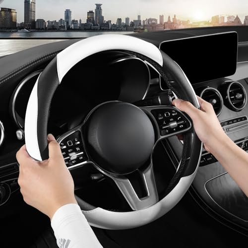 Car Steering Wheel Cover, Microfiber Leather Steering Wheel Cover Universal Fit 14.5-15 inch Anti-Slip Comfortable Breathable Car Wheel Protector for Men Women,White - color: White
