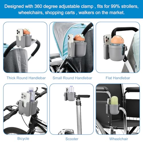 Accmor Stroller Cup Holder with Phone Holder, Bike Cup Holder, Universal Cup Holder for Uppababy Nuna Doona Strollers, 2-in-1 Cup Holder for Walker, Wheelchair, Scooter - color: All Grey