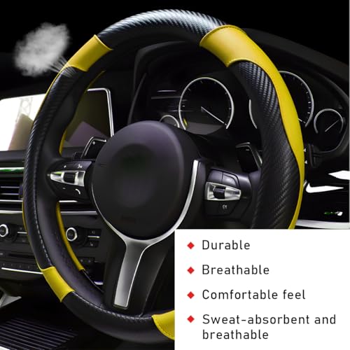 povtii Car Steering Wheel Cover, 15 Inch Leather Breathable Auto Steering Wheel Protector, Comfortable Non-Slip Vehicle Steering Wheel Covers, Universal Car Accessories (Yellow, with Lining) - color: Yellow, With Lining