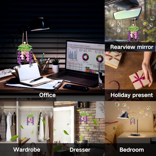 ROFIGL Handmade Crochet Hanging Car Air Freshener - Botanical Wisteria Blossom Design with 12ml Refillable Glass Essential Oil Bottle, Long-Lasting Car Diffuser & Nature-Inspired Decor - style: Wisteria