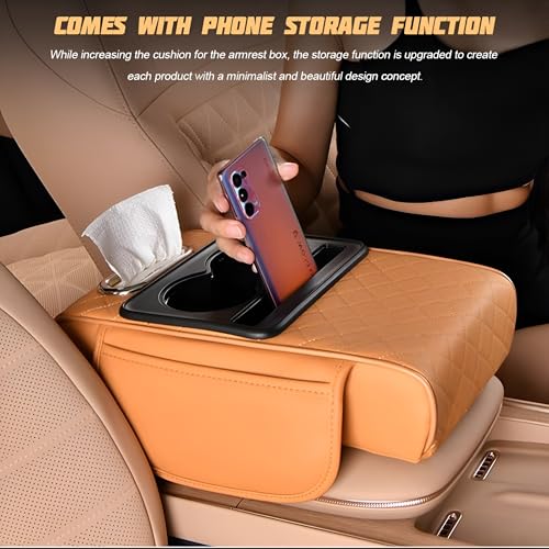 Car Center Console Armrest Pillow, Memory Foam Leather 4 in 1 Vehicle Arm Rest Cover with Tissue Box 2 Side Storage Bag Cup & Phone Holder, Auto Armrest Cushion, Universal Fit (Orange)