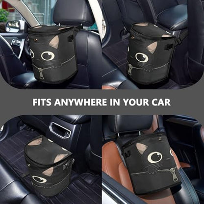 MNSRUU Car Trash Can with Lid, Black Cat Zipper Car Trash Bag Hanging Organizers and Storage for Front Back Seat, Leak-Proof Trash Bin - color: Cat A17107