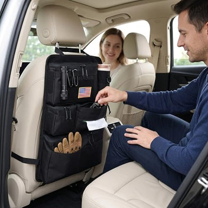 Tactical Car Seat Back Organizer, 600D Nylon MOLLE Seat Organizer with 6 Pockets, Hook and Loop Panel, Universal Fit for Car SUV Truck Jeep, Black