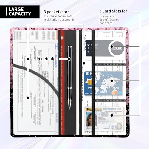 Leather Car Registration and Insurance Card Holder, Cute Car Accessories Vehicle Glove Box Car Organizer for Documents, Cards, License Cute Pink Flower - color: Cute Pink Flower