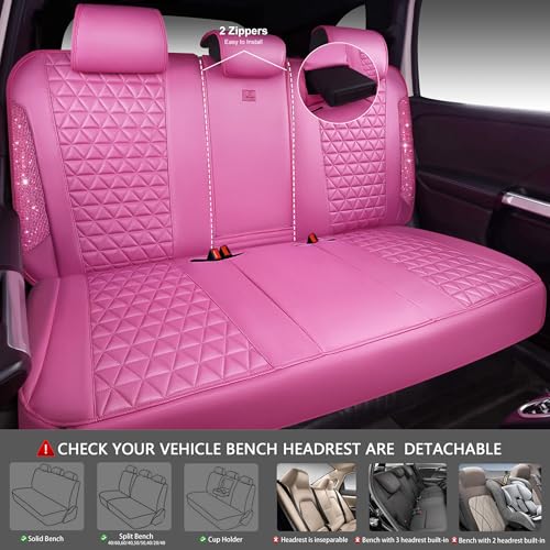 CAR PASS Hot Pink Bling Diamond Leather Car Seat Covers Full Sets, Waterproof Shining Glitter Sparkly Crystal Universal Armrest Fit for Automotive Truck SUV Cute Women Girl,Hot Pink Rhinestone - color: Pink Rhinestone-Hot, size: Full Set