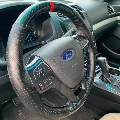 Steering Wheel Cover Hand-Stitch on Black Leather Gloss Carbon Fiber Protector Interior Steering Wheel Wrap for 2016 2017 2018 2019 Ford Explorer Base XLT Limited Platinum Sport