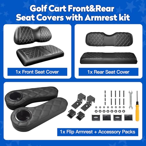 Golf Cart Seat Covers for Club Car Precedent, Vinyl Front&Rear Seat Cover with Flip-Up Armrests kit, with Cup Holder, for 1" Square Tube (Black&Black Stitching)