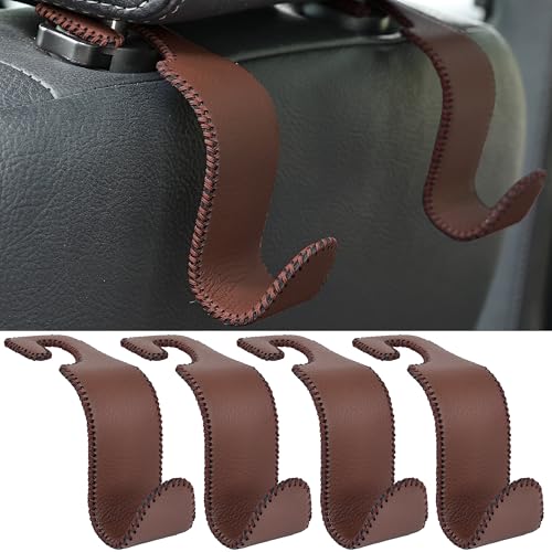 Car Seat Headrest Hook 4 Pack Metal Core Hanger Universal Car Storage Organizer for Handbag Purse Coat S Type Leather Brown - color: Leather Brown