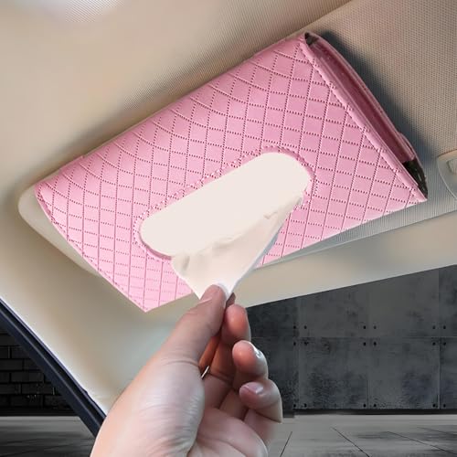 Car Tissue Holder, Leather Tissue Holder for Car Sun Visor, Rectangular Auto Sun Visor Napkin Holder Mask Dispenser, Universal Vehicle Tissue Box Sun Visor Accessory (Plaid-Pink) - color: Plaid-pink