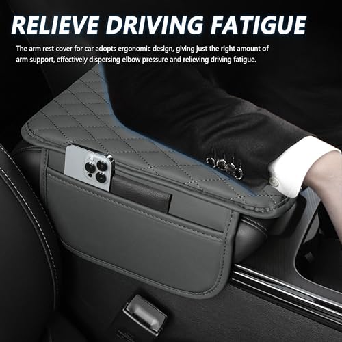 Stacool Upgraded Car Center Console Cover,Microfiber Leather Car Armrest Cover Cushion with 2 Storage Bags,Universal Car Armrest Storage Box (Gray)