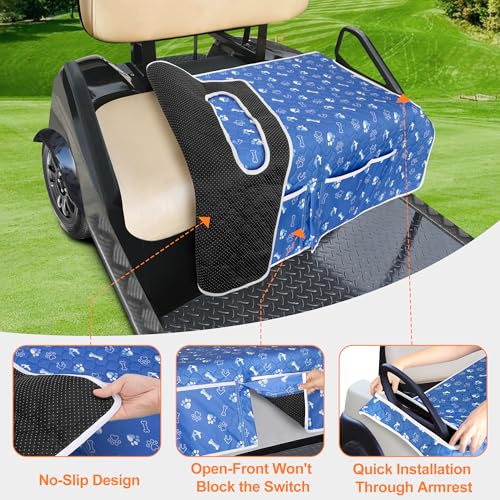 Golf Cart Seat Covers, Universal Golf Cart Seat Towel Blanket with 4 Front Pockets & Nonskid Bottom Fits for EZGO, Yamaha, Club Car and More 2 Person Seats Golf Carts - color: Blue Dog Paw Bone