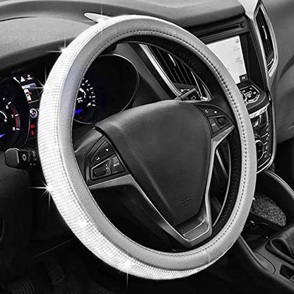 Bling Diamond Grey Leather Steering Wheel Cover Sparkly Crystal Glitter Rhinestones Car Wheel Protector for Women Men fit Suvs Vans Sedans Car Trucks 14.5-15in - color: Grey