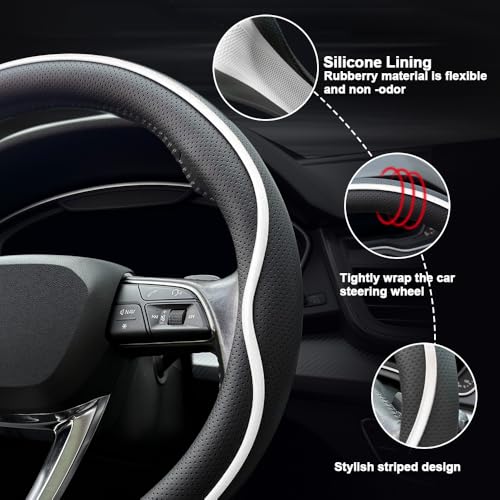 HAOTULE Leather Steering Wheel Cover， with Anti-Slip Stripe Design - Enhanced Grip, Fashion Style, Safe, Non-Slip, Breathable. Upgrade car Interior，Black White - color: Black White