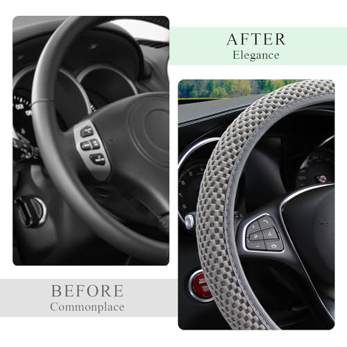 Yourkar Elastic Steering Wheel Cover, 15"×15" Comfy Breathable Stretch Steering Wheel Protector, Ice-Silk Cloth Polyester Steering Wheel Cover for Men Women, Car Accessories (Gray) - color: Gray
