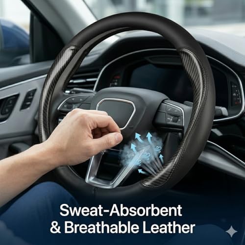 Carbon Fiber Steering Wheel Cover,Breathable Non-Slip Leather Protector,Universal 14.5-15 Inchs Fit for Cars,SUVs,Trucks,Durable,Wear-Resistant,All-Season Auto Interior Accessory (Style A 14.5-15inch) - size: Style A 14.5-15inch