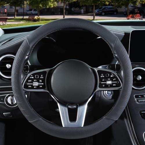 3D Premium Skin-Feel Leather Large Steering Wheel Cover, Anti-Slip Breathable Soft Slim Design, 15.5 inch to 16 inch, Black - color: Solid Black, size: Round-Large[15.5''-16'']