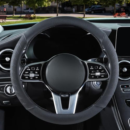 3D Premium Skin-Feel Leather Large Steering Wheel Cover, Anti-Slip Breathable Soft Slim Design, 15.5 inch to 16 inch, Black - color: Solid Black, size: Round-Large[15.5''-16'']