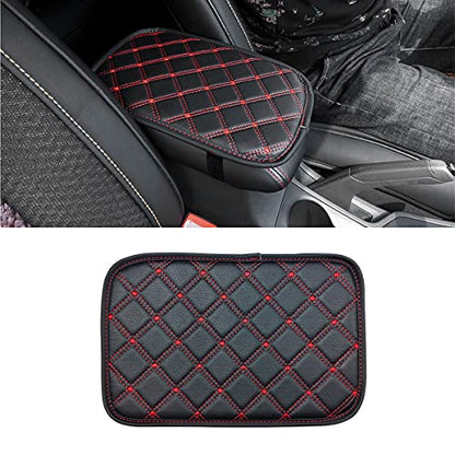 Car Leather Center Console Cushion Pad, 11.4"x7.4" Waterproof Armrest Seat Box Cover Fit for Cars, Vehicles, SUVs, Comfort, Car Interior Protection Accessories (Black/Red-2)