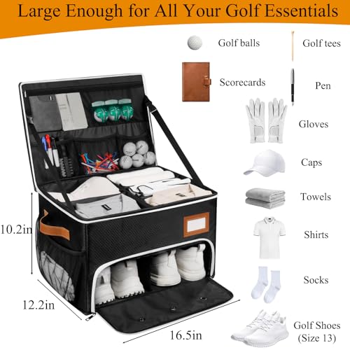 2 Layer Golf Trunk Organizer, Golf Organizer with 2 Pairs Shoes Compartment, Golf Storage Waterproof Car Trunk Locker for Balls, Caps, Clothes, Gloves, Accessories, Gifts for Golfers