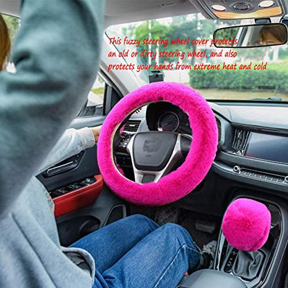 WenMei 4PCS Set Fluffy Steering Wheel Covers with Handbrake Cover&Gear Shift Cover&Plush Keychain Furry Steering Wheel Cover for Women Girl Fashion Warm Car Wheel Protector Fit Most Car (Rose red) - color: Rose red