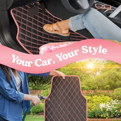 Carbella DiamondLuxe Faux Leather Floor Mats, Universally Sized, Diamond Stitched, All Weather, Easy to Clean, 4pc Set Car Accessories for Car, Truck, Van, and SUV, Easy to Install Car Mats (Pink)