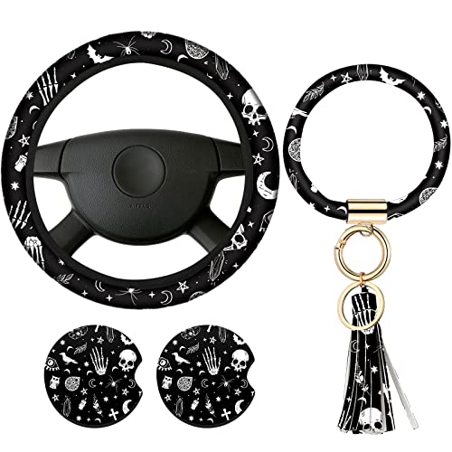 4 Pieces Black Moons White Stars Print Car Accessories Set Black Moons White Stars Steering Wheel Cover with 2 Pieces Car Cup Holder and Leather Keyring for Truck Suv(Horror Pattern)
