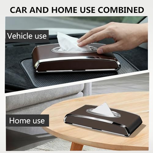 Faux Leather Car Tissue Holder for Interior, Multi-Function Tissue Box, Armrest & Back Seat Tissue Organizer, Sleek Kleenex Holder (Brown Flat)