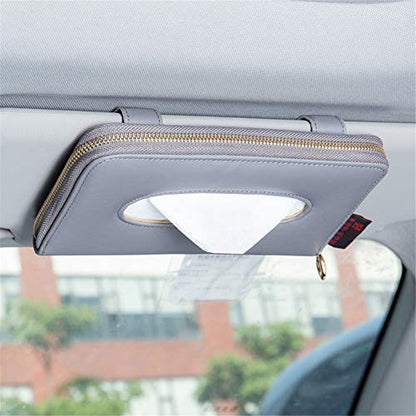 Car Sun Visor Tissue Holder, Napkin Holder, PU Leather Backseat Tissue Case Holder for Car Vehicle with Zipper (Grey)