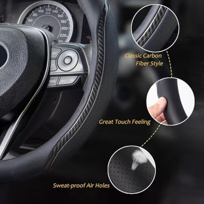 Steering Wheel Cover Black, Carbon Fiber Car Steering Wheel Covers with Coasters Universal 14.5-15 inch Leather Microfiber Breathable Anti-Slip Steering Wheel Accessories Set - color: black02, size: Medium