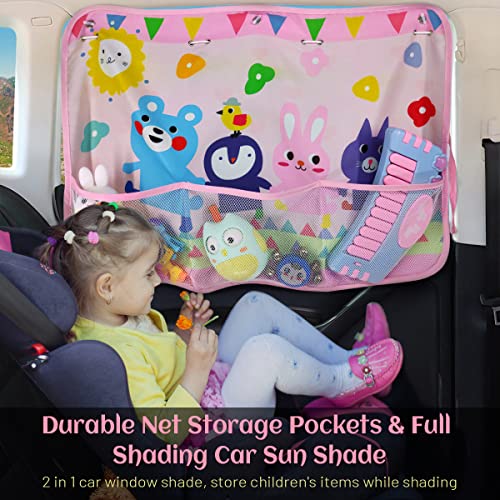 Car Sun Shade for Window Baby (2 Pack), Blackout Window Shades with Storage Net Pocket, 7 Suction Cups, Cute Patterns for Sun/Heat/UV Rays Block - color: Pink-Animals 2PC