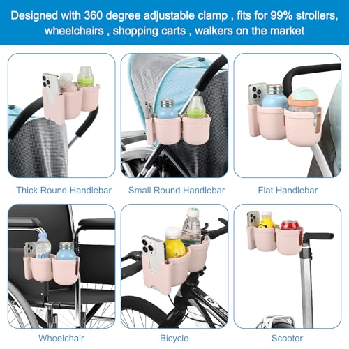 Accmor Stroller Cup Holder with Phone Holder, Bike Cup Holder, Universal Cup Holder for Uppababy Nuna Doona Strollers, 2-in-1 Cup Holder for Walker, Wheelchair, Scooter - color: Double Holder-All Crystal Pink