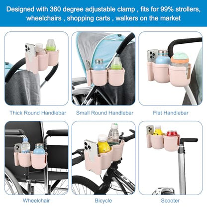 Accmor Stroller Cup Holder with Phone Holder, Bike Cup Holder, Universal Cup Holder for Uppababy Nuna Doona Strollers, 2-in-1 Cup Holder for Walker, Wheelchair, Scooter - color: Double Holder-All Crystal Pink