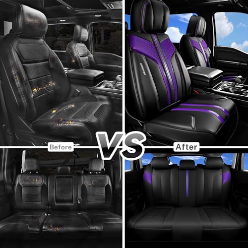 CAR PASS Nappa Leather Seat Covers, Breathable Waterproof Car Seat Covers Full Set, Luxury Leather Front and Back Seats Full Coverage, Universal Fit SUV Pick-up Truck Sedan Automotive(Black Purple) - color: Black Purple, size: Full Set Full Coverage